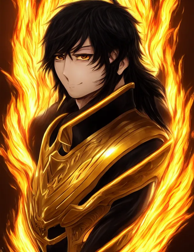 Image similar to a detailed manga portrait of a black haired man with hazel eyes in gleaming golden armour that burns with golden fire, trending on artstation, digital art, 4 k resolution, detailed, high quality, sharp focus, hq artwork, coherent, insane detail, character portrait