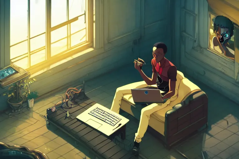 Image similar to a young black man sitting on a sofa working on a laptop, wide angle shot from above, golden curve composition, animation portrait concept art, style of makoto shinkai, xision, james jean and peter mohrbacher, studio ghibli, artgerm, karol bak, dan mumford, 4 k hd, animation style