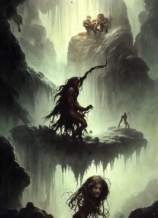 Image similar to shackled in styx river of the underworld, frank frank frazetta and cgsociety, stunning sasquatch, blood splatters, charlie bowater and tom bagshaw, insanely detailed, deviantart, space art, atoms surrounded by skulls, death, and spirits flying, water fall, horror, sci - fi, surrealist painting, by peter mohrbacher