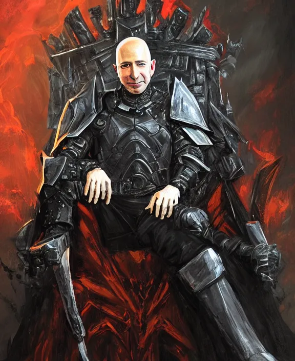 Image similar to a grimdark fantasy concept art portrait of jeff bezos sitting on a dark and evil throne