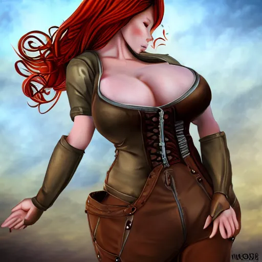 Prompt: redhead steampunk scientist's body is accidentally inflated huge and round by and experiment gone wrong. her clothes are stretched tightly around her and she's about to burst. photorealistic full body image