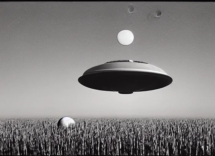 Image similar to Flying saucer landing in corn field with two moons in the sky, albumen silver print by Timothy H. O'Sullivan Ralph Mcquarrie