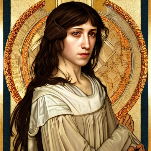 Image similar to portrait of charlotte gainsbourg as joan of arc, hyperreal digital painting, iconography influenced by alphonse mucha and eugene delacroix, arstation and deviantart trends, high resolution 8 k