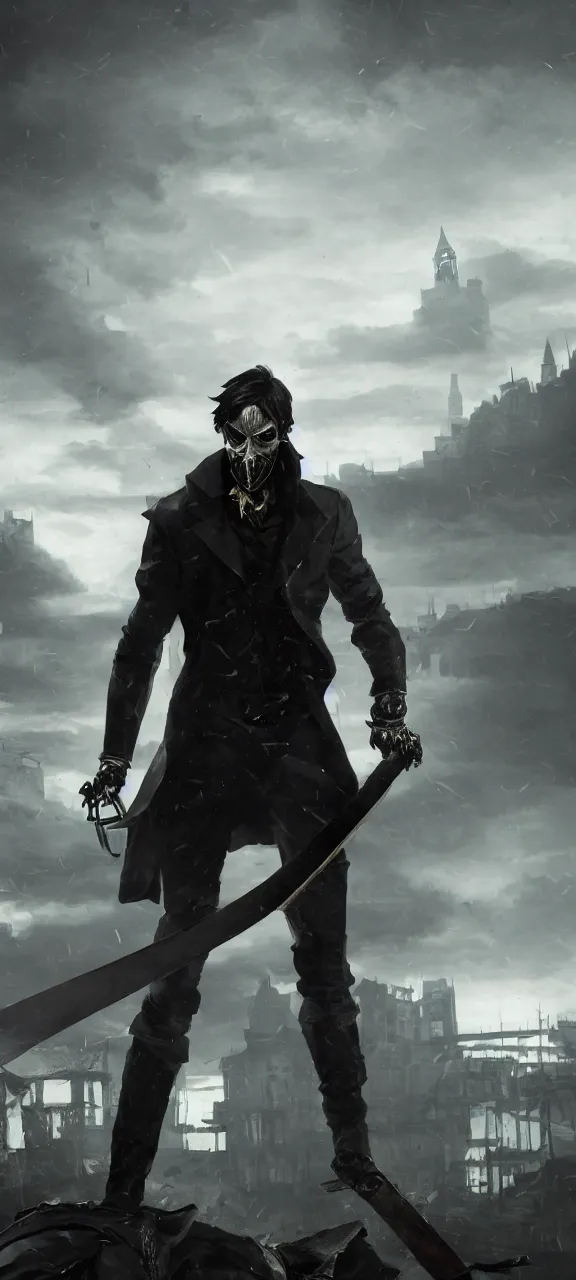 Prompt: portrait of corvo attano standing menacingly in a fight stance on a scrap pile, holding a fold blade in his left hand, dunwall city behind him, grey color palette, cinematic lighting, depressive atmosphere, sharp focus, dishonored wallpaper 4 k, backlit, dishonored 1 wallpaper, hard focus, full body shot, cinematic