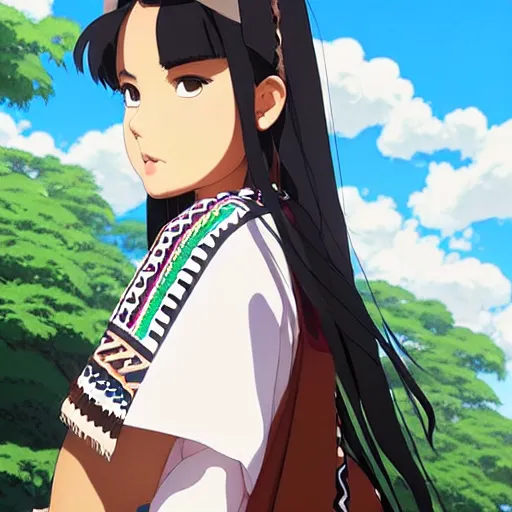 Image similar to a beautiful! plus sized native women instagram model, brown skin, wearing elegant catholic school girl designer fashion with mayan pattern and native style, aztec street fashion, gapmoe yandere grimdark, trending on pixiv fanbox, painted by greg rutkowski makoto shinkai takashi takeuchi studio ghibli, akihiko yoshida