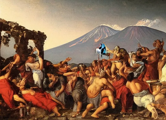 Image similar to detailed painting of average greeks drink wine and have fun against the backdrop of mount vesuvius starting to erupt by brullov, based on the brulliv painting the last day of pompeii