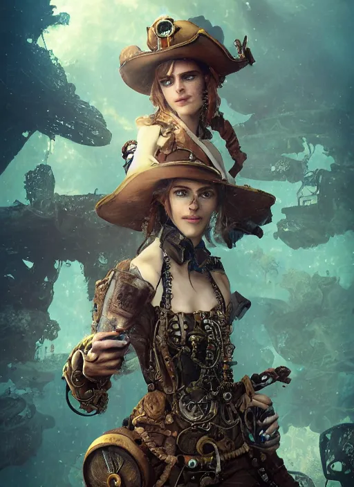 Image similar to underwater steampunk pirate cowboy portrait of emma watson, hyper detailed, digital art, cinematic lighting, studio quality, smooth render, unreal engine 5, octane rendered, art style by klimt and nixeu and ian sprigger and wlop and krenz cushart.