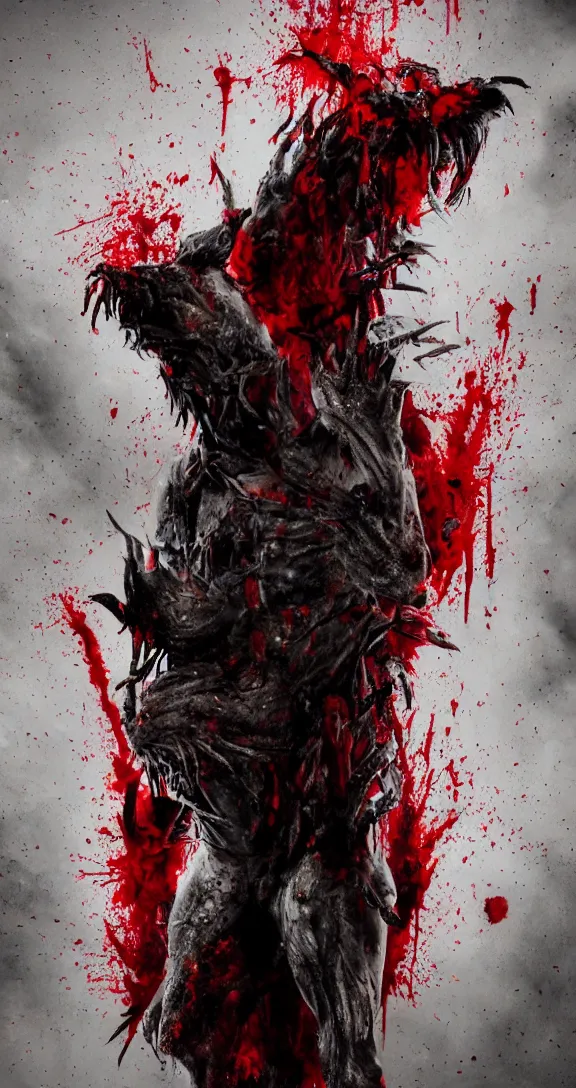 Prompt: very terrifying cenobite wolf demon splattered with blood, full body portrait showing entire scary monster, brown bristle hair, neo-expressionistic, maximalist, horror monster masterpiece, trending on DeviantArt, 4K resolution, dark cinematic, hyperrealism, octane render, volumetric lighting, ultra-detailed, chiaroscuro, dark black background, in the style of Giger and Ralph Steadman and Da Vinci,