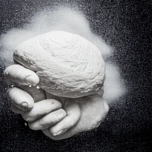 Image similar to two hands manipulating a dough floating in the air, black background, flour dust spray, backlit, high quality action photography, studio photo, 50mm