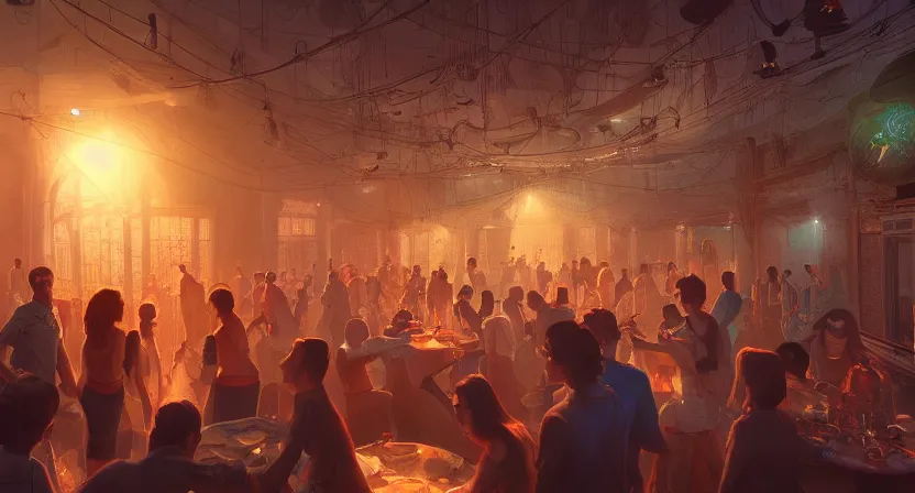 Prompt: a party. art by salman toor. global illumination, radiant light, detailed and intricate environment, atmospheric light, cinematic, trending on artstation