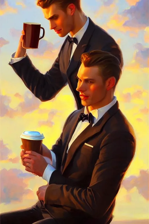 Prompt: attractive man drinking coffee, sunset, painting by vladimir volegov, j. c. leyendecker, tom of finland, trending on artstation