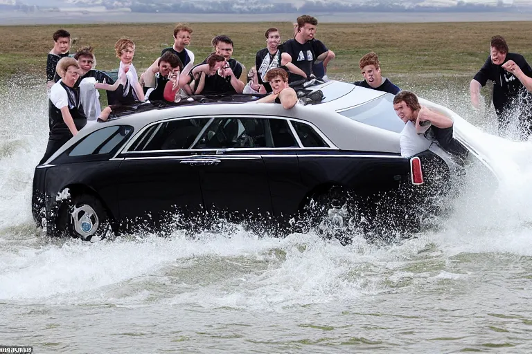 Image similar to Group of teenagers push Rolls-Royce into lake from small slide