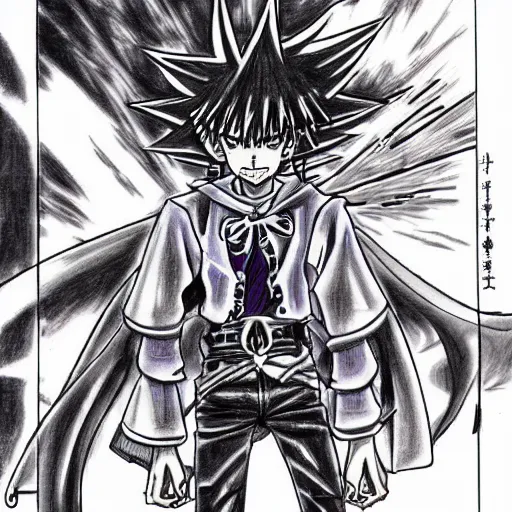 Prompt: portrait anime, manga drawing of yugi muto battles sauron by kazuki takahashi