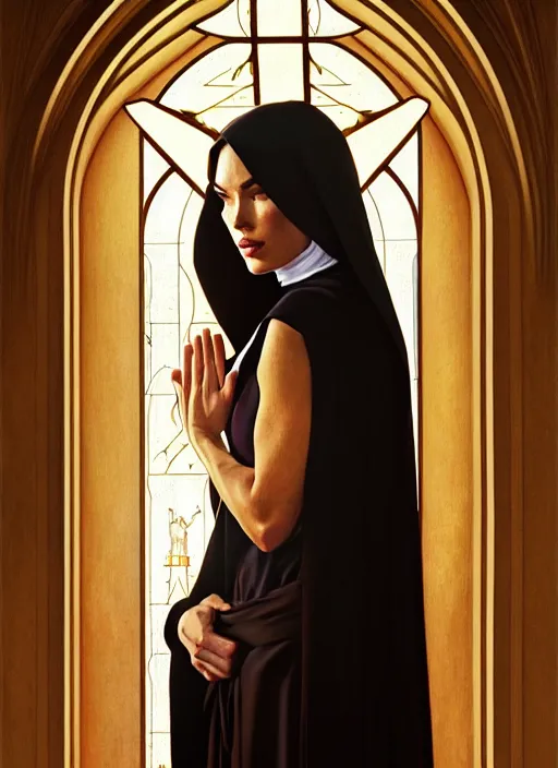 Image similar to portrait of megan fox as a nun praying, catholic, church, bible, christian, intricate, headshot, highly detailed, digital painting, artstation, concept art, sharp focus, cinematic lighting, illustration, art by artgerm and greg rutkowski, alphonse mucha, cgsociety