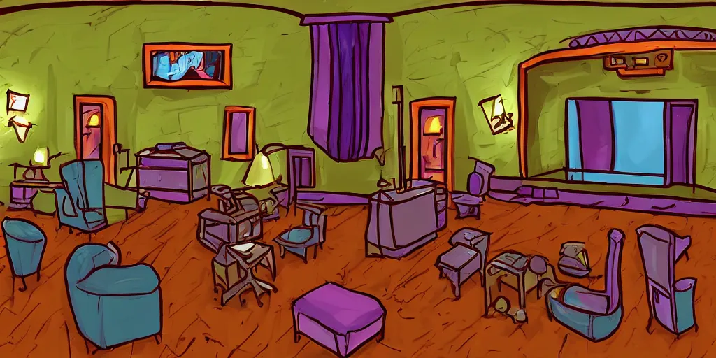 Image similar to a dimly lit, theater dressing room, with a mirror, a chair, a couch, day of the tentacle style, drawn by Peter Chan