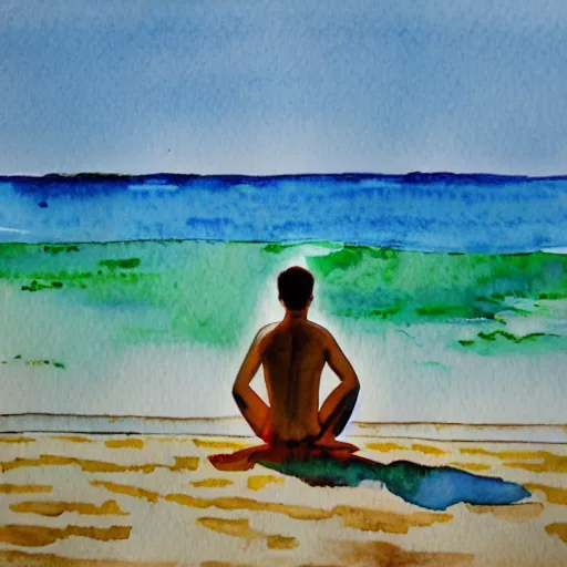 Prompt: water color painting of androgenous person on a beach against the sunset