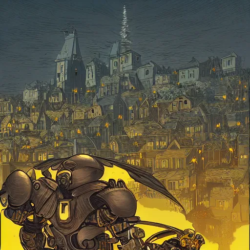 Prompt: bumblebee standing in a medieval town by kilian eng