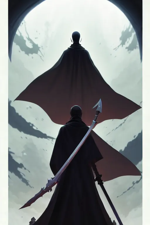 Image similar to video game cover, grim reaper dressed with a cape surrounded by demons, mid view, design on a white background, by studio muti, greg rutkowski makoto shinkai takashi takeuchi studio ghibli