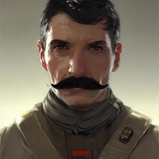 Image similar to portrait of a man by greg rutkowski, british features, short black hair in military style, moustache, perfect military composure, wearing stormtrooper gear, star wars expanded universe, he is about 5 0 years old, highly detailed portrait, digital painting, artstation, concept art, smooth, sharp foccus ilustration, artstation hq