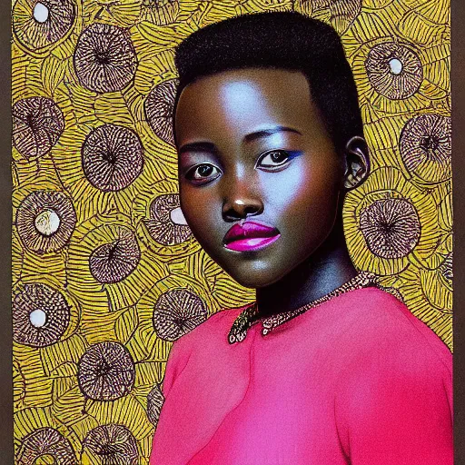 Image similar to “ lupita nyong'o portrait by ikenaga yasunari, drawing, realistic, sharp focus, japanese, dreamy, nostalgia, faded, golden hues, floral clothes, ”