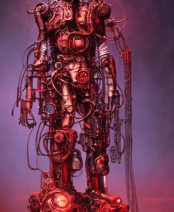 Prompt: steampunk style JoJo stand, red neon lights, evil armour, by HR Giger and Beksiński and Stephan Martiniere , 4k resolution, detailed, trending on artstation