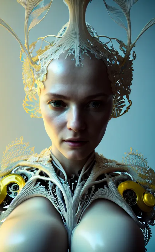 Prompt: intricate hyper detailed ultra sharp 3 d render of a beautiful smooth porcelain seductive cyborg woman portrait, medium shot portrait, bright light, alexandre ferra mecha, yellow deeply cyberpunk art nouveau haute couture huge fractal white mycelum and fungi head ornaments, big embroidered leaves filigree spreaded roots, octane render, volumetric cinematic lighting, 8 k, vray tracing