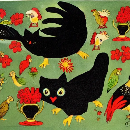 Image similar to black cat and two parrots and a hen
