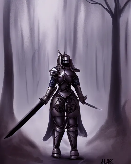 Image similar to concept art of a thicc female knight, wearing heavy medival knight armor, holding a long sword, walking through a foggy oak forest | | epic - fine - clean, polished, trending on artstation, brush strokes