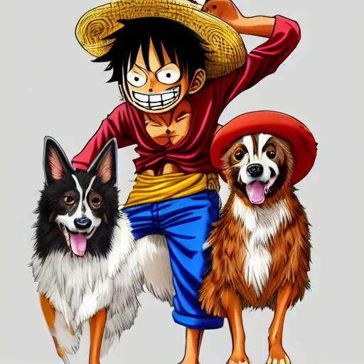 Prompt: luffy from one piece with an australian shepard, on artstation