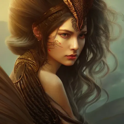 Prompt: a stunning poster style portrait painting of a dragon goddess, long hair, in the style of WLOP, 8k masterpiece, cinematic lighting, pristine clean design, fantasy, insanely detailed, atmospheric, octane render