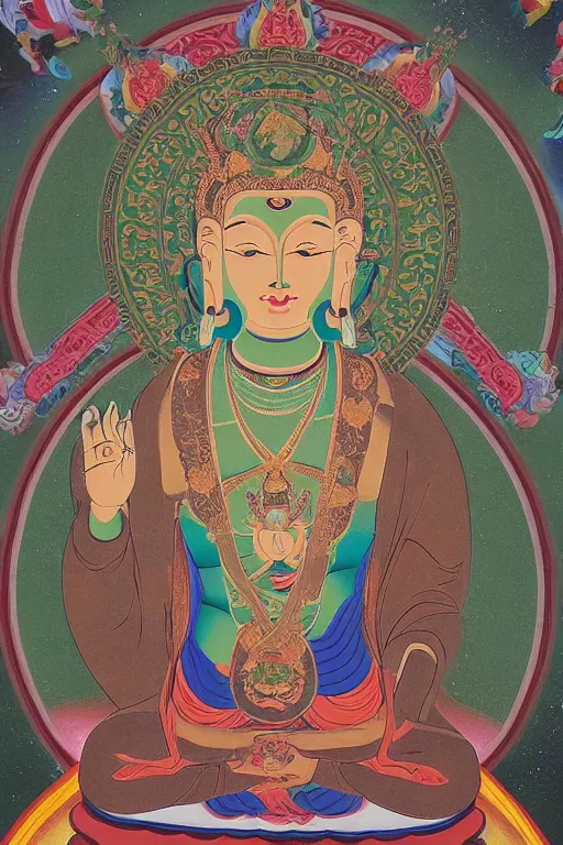 Prompt: A very Beautiful Green Tara Thangka, a geometric figure representing the universe in tibet and Buddhist symbolism, Shine in of the Mandala background by H. R. Giger,portrait,ཐང་ཀ་,ཛཾ་བྷ་ལ།,symmetrical, 8k resolution, photorealistic, high detail ,Unreal Engine, Trending on artbreeder. Green color scheme