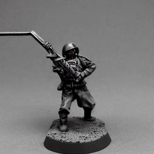 Prompt: an ecstatic Death Korps of Kreig soldier wearing grey and wielding a shovel