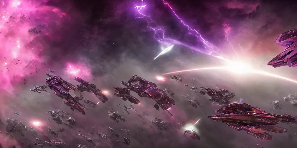 Prompt: A plethora of hi-tech battle spaceships in space flying to a grey barren metal planet, Warhammer 40K space nebula purple and pink stars in the background, cinematic lightning, 8k render, ultra HD