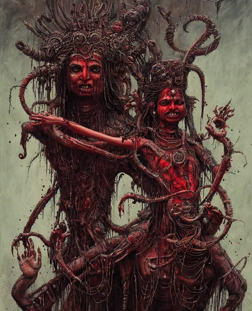 Prompt: One many-armed Shiva dancing. Drops of blood. Dark colors, high detail, hyperrealism, horror art, masterpiece, close-up, zoom, concept art, octane render, biopunk, body-horror, ceremonial portrait, art by Greg Broadmore, Esao Andrews, Beksinski, Giger