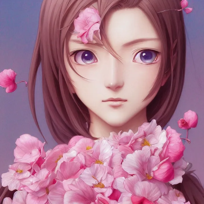 Image similar to pink petals with a shape of an anime girl, krenz, ghibli, anime style, intricate, elegant, highly detailed, wonderful eyes, sweet, digital painting, artstation, concept art, smooth, sharp focus, illustration, art by artgerm and greg rutkowski and alphonse mucha and william - adolphe bouguereau