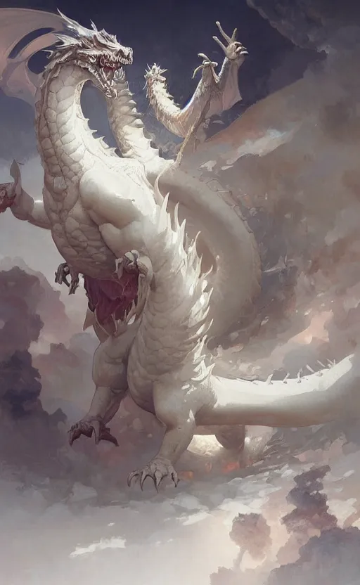 Image similar to a dynamic painting of a gigantic obese white dragon, a fat tank monster, baroque, concept art, deep focus, fantasy, intricate, highly detailed, digital painting, artstation, matte, sharp focus, illustration, art by greg rutkowski and alphonse mucha