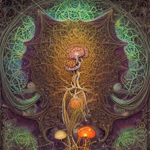 Prompt: a 3 d bioluminescent radically alive world of mushroom fractals and butterflies, intricate mycelial lace, biopunk, rococo, inspired by peter mohrbacher & james jean & william morris & ernst haeckel & anato finnstark — w 7 0 0