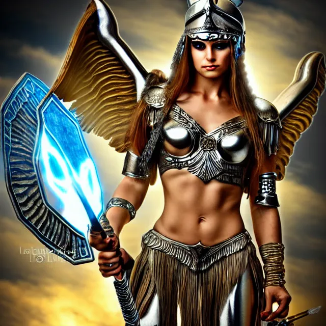 Image similar to beautiful valkyrie warrior with light powers, highly detailed, 4 k, hdr, smooth, sharp focus, high resolution, award - winning photo, anne stokes, photorealistic