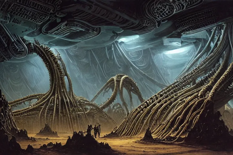 Image similar to Epic science fiction cavescape. In the foreground is soldiers in battle-armor searching, in the background alien machinery and alien eggs. The skeleton of a gigantic alien machine creature is between them. Stunning lighting, sharp focus, extremely detailed intricate painting inspired by H.R. Giger and Gerald Brom