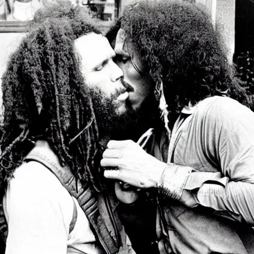 Prompt: jim morrison kissing bob marley