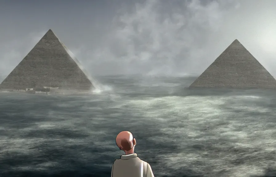 Image similar to a realistic cell - shaded cartoon of a monk in a grey robe from howl's moving castle ( 2 0 0 4 ). in the background is a white pristine pyramid in the ocean. shafts of sunlight come from above. wide shot, very dull muted colors, hd, 4 k, hq