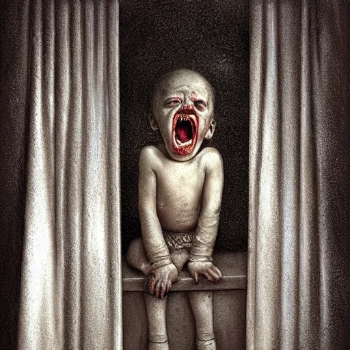 Image similar to Curtain Ghost by Mark Arian, dark, horror, surrealism, horror scene of a child staring outside the window. Screaming for help by Santiago Caruso