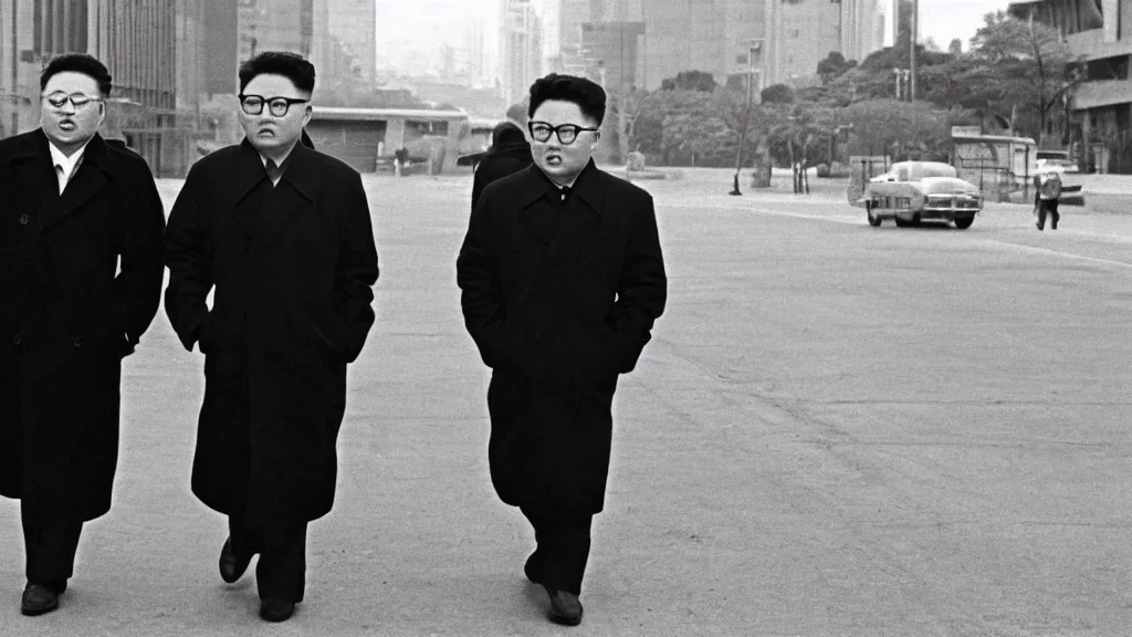 Image similar to kim jong - il walking in 1 9 6 0 s pyongyang, film noir thriller in the style of orson welles and andrei tarkovski