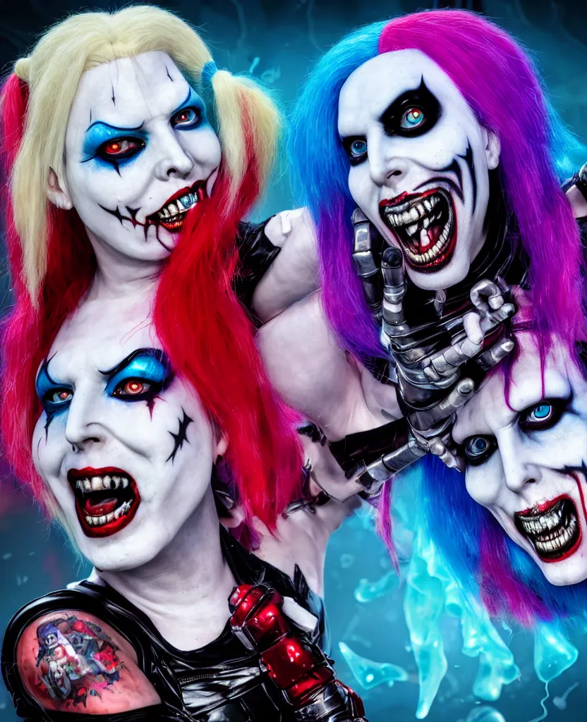 Image similar to Marilyn Manson and Ziggy Ramirez as Harley Quin (The Suicide Squad), epic angle and pose, symmetrical artwork, 3d with depth of field, blurred background, cybernetic jellyfish female face skull phoenix bird, translucent, nautilus, energy flows of water and fire. a highly detailed epic cinematic concept art CG render. made in Maya, Blender and Photoshop, octane render, excellent composition, cinematic dystopian brutalist atmosphere, dynamic dramatic cinematic lighting, aesthetic, very inspirational, arthouse. y Greg Rutkowski, Ilya Kuvshinov, WLOP, Stanley Artgerm Lau, Ruan Jia and Fenghua Zhong
