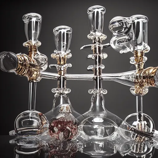 Prompt: studio photography of the world's most expensive bong, multiple and complex network of pipes, made of chrome, swarovski, detailed, ornaments, studio lighting