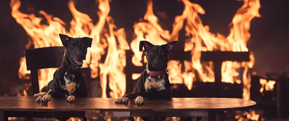 Prompt: a photograph (flash on) of one relaxed anthropomorphic dog sitting on a wooden chair at a table (no fire at all there), it is surrounded by flames, there is a full cup of coffee on the table, huge fire on a dining room in the background, a lot of flames behind the dog, black smoke instead of the ceiling, no watermark