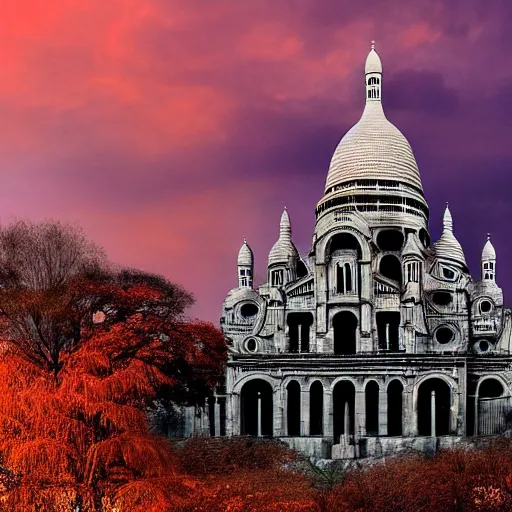 Image similar to abandoned Basilica of Sacré Coeur de Montmartre, toxic orange and pink clouds strain the sunlight, stark contrasting lighting, contrejour, a two-headed mutated deer-like creature looks on in the distance from the sparse twisted silhouetted foliage, a highly detailed colorful matte painting by Scott Listfield and Mikko Lagerstedt, featured on Artstation, Unreal Render, 8k HDR, fisheye