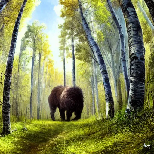 Image similar to a large beast walking through a lush aspen forest. dark color, ultra wide angle, panoramic, fish eye, colorfull painting, centered, front, horizon, outline, detailed, art by stephan martiniere, 4 k resolution