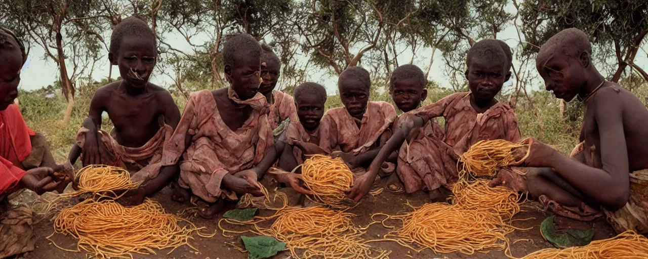 Image similar to people in an african village discovering spaghetti in a bush, high detailed face, facial expression, small details, intricate, canon 5 0 mm, high detail, intricate, cinematic lighting, photography, wes anderson, film, kodachrome