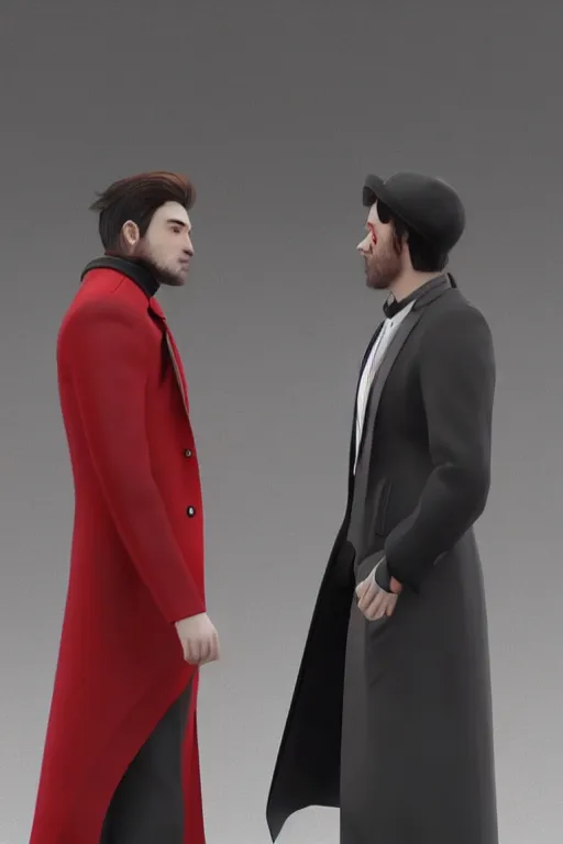 Prompt: 2 Crows wearing a red formal overcoat, hyperrealistic, concept art, octane render, unreal engine 5, trending on DeviantArt, highly detailed, high quality, 8K, soft lighting, cute, natural lighting, realistic face, trending on Artstation, elegant clothes, profile picture, path traced, house background